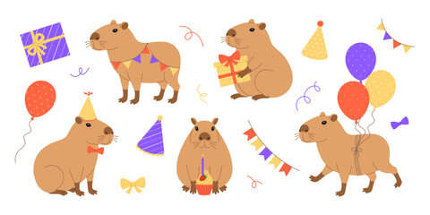 Funny festive capybaras set with gifts, balloons, party hats, garlands, bows and cupcake. Cute capibaras in different poses for holiday greeting card, banner. Vector flat illustration for birthday