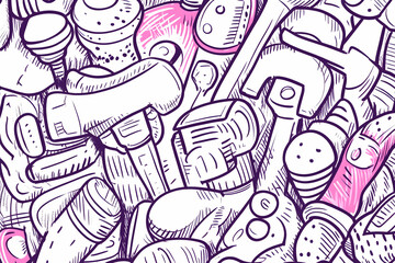 Hand-drawn tools background, workshop clutter, DIY project, purple & pink, website texture.