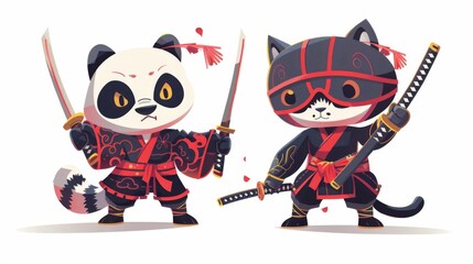 illustraction of techwear chibi panda ninjas robot mecha future JAPANESE VIBE detailed design for streetwaer and urban style t-shirts design
