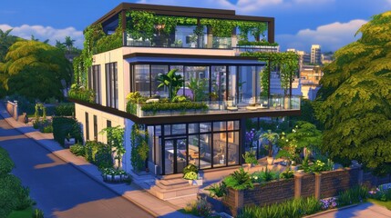 Obraz premium Modern Eco-Friendly Home with Lush Greenery and Bright Glass Design