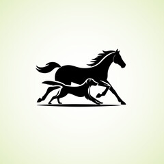 Horse and Dog running side by side, vector silhouette