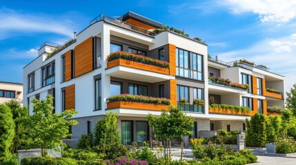 Obraz premium Modern Residential Building with Greenery and Blue Sky Aesthetic