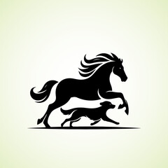 Horse and Dog running side by side, vector silhouette