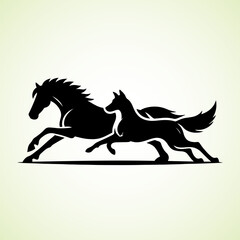 Horse and Dog running side by side, vector silhouette