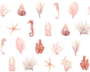 Sea seamless pattern with symbols marine wildlife, watercolor hand drawn illustration of corals, seahorses, starfishes and sea plants for textile, wallpapers or background in minimalist style. © Nikole