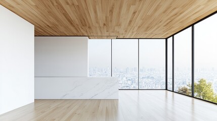 Modern minimalist apartment with city view, marble counter, wooden floors and ceiling.