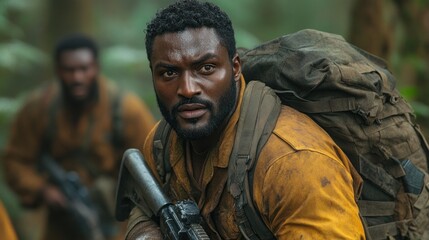 A soldier in a forest, focused and ready, with a backpack and weapon, amidst a tense scenario.