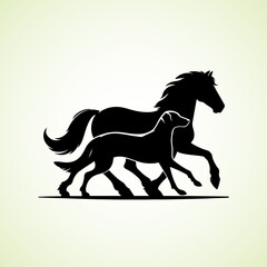 Horse and Dog running side by side, vector silhouette