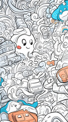 Happy Doodle Character Amidst City Transport & Nature Scenes, Background Texture, Website Design.