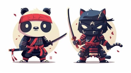 illustraction of techwear chibi panda ninjas robot mecha future JAPANESE VIBE detailed design for streetwaer and urban style t-shirts design