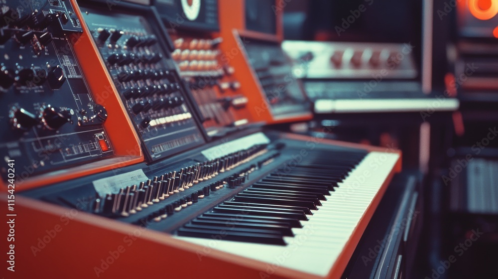 Poster a close-up view of a retro synthesizer keyboard and control panel glowing with lights in a studio en