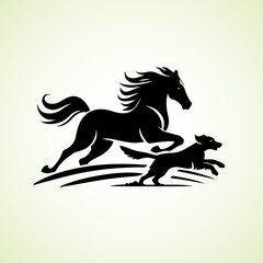 Horse and Dog running side by side, vector silhouette