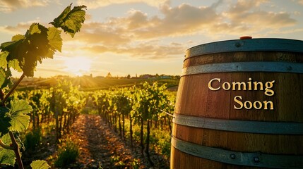 Obraz premium Sunset Vineyard with Coming Soon Message on Wooden Wine Barrel - Perfect for Wine Promotions
