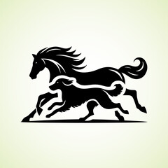 Horse and Dog running side by side, vector silhouette