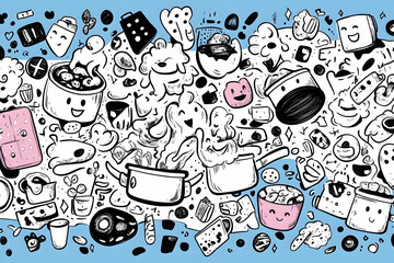 Happy Food Doodle Illustration, Cooking, Kitchen, Blue Background, Recipe Website.