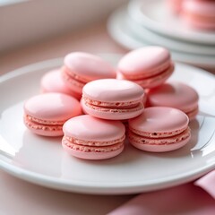 Obraz premium Elegant Pink Macarons on a White Plate: Dreamy Pastel Close-Up in 8K