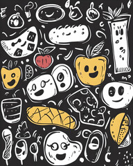 Happy Food Doodle Pattern Background for Social Media Post.