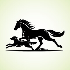 Horse and Dog running side by side, vector silhouette