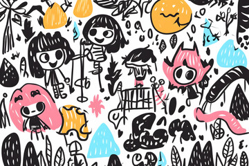 Happy kids doodle nature scene background design.