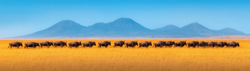 Fototapeta premium A line of silhouettes moves across a vast, golden landscape under a bright blue sky, with mountains in the background, creating a serene and picturesque scene.