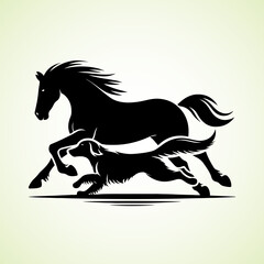 Horse and Dog running side by side, vector silhouette