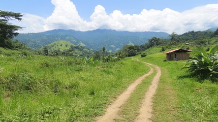 Scenic Rural Landscape with Dirt Path and Green Hills Under Blue Sky