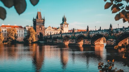 Fototapeta premium Scenic View of Historic Charles Bridge in Prague During Sunset