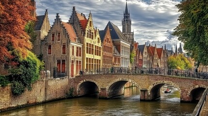 Naklejka premium Charming Historic Architecture by Waterway in Scenic European Town