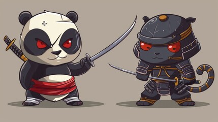 illustraction of techwear chibi panda ninjas robot mecha future JAPANESE VIBE detailed design for streetwaer and urban style t-shirts design