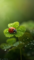 A ladybug crawls on a four-leaf clover, dew