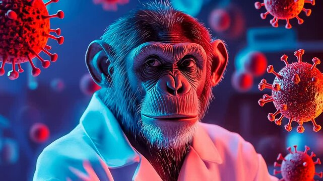 A primate, resembling a monkey, dressed in a lab coat, gazes intently at floating, vibrant virus models in a laboratory. The scene exudes curiosity and scientific exploration, set in a high-tech