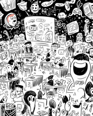 Joyful Brainstorming Session Creative Team Meeting, Doodle Background, Office.