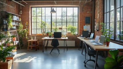 Fototapeta premium Bright and Spacious Modern Office with Plants and Natural Light