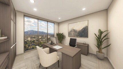 Fototapeta premium Modern office with city view, large window, desk, chair, and plant.
