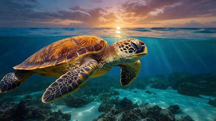 Fototapeta premium A sea turtle basking in the sun slowly crawls toward the gentle waves of the sea. 