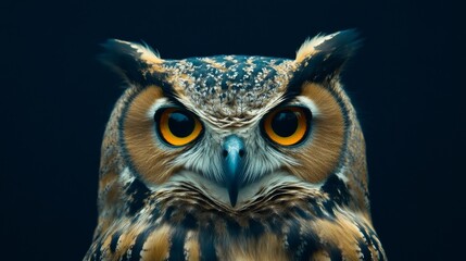 Fototapeta premium A stunning close-up of a horned owl, highlighting its sharp features and piercing yellow eyes. The dark background enhances the owl's intense gaze, creating a dramatic wildlife portrait.. AI