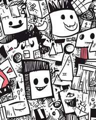 Obraz premium Joyful Doodle Monster Faces Background Illustration for Website Design.