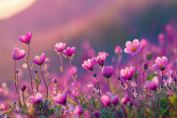 A field of pink flowers with the sun setting in the background