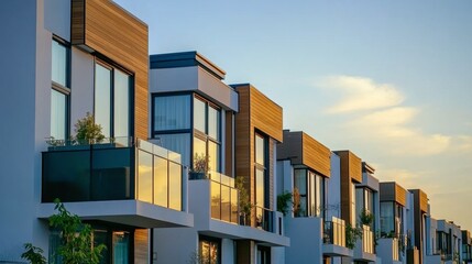Obraz premium Modern Residential Building Facade with Balconies at Sunset Glow