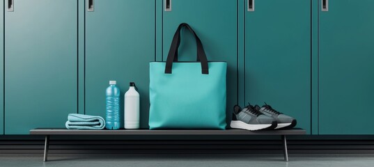 Modern Gym Essentials: Sporty Tote Bag with Athletic Gear in Sleek Locker Room Setting
