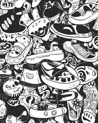 Monochrome Doodle Shoe Pile; Background Design; Graphic Print Textile.