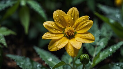 close up of yellow flower with water droplets