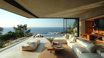Fototapeta premium Luxurious beachfront living room with ocean view, minimalist design, and outdoor seating.