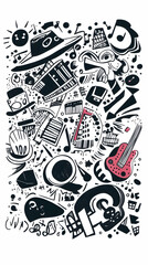 Music Doodle Background Illustration, Instruments, Studio, Design, Print.