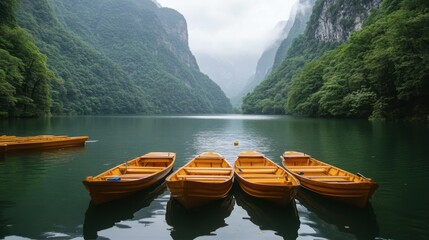 Obraz premium Tranquil Mountain Lake with Yellow Boats Surrounded by Greenery