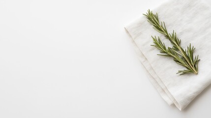Elegant flat lay of a linen napkin with rosemary sprig for minimalist design