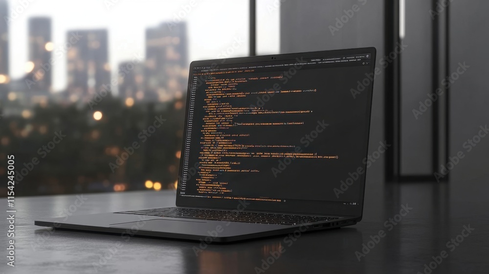 Poster stylish laptop displaying code in modern workspace at dusk