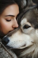 Woman Cuddles with Husky Dog