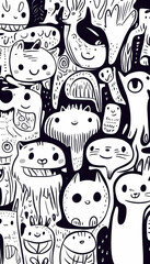 Playful monochrome doodle monsters and cats illustration, whimsical background, children's book design.