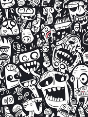 Playful Monster Doodle Pattern, Dark Background, Textile Design, Graphic Print.